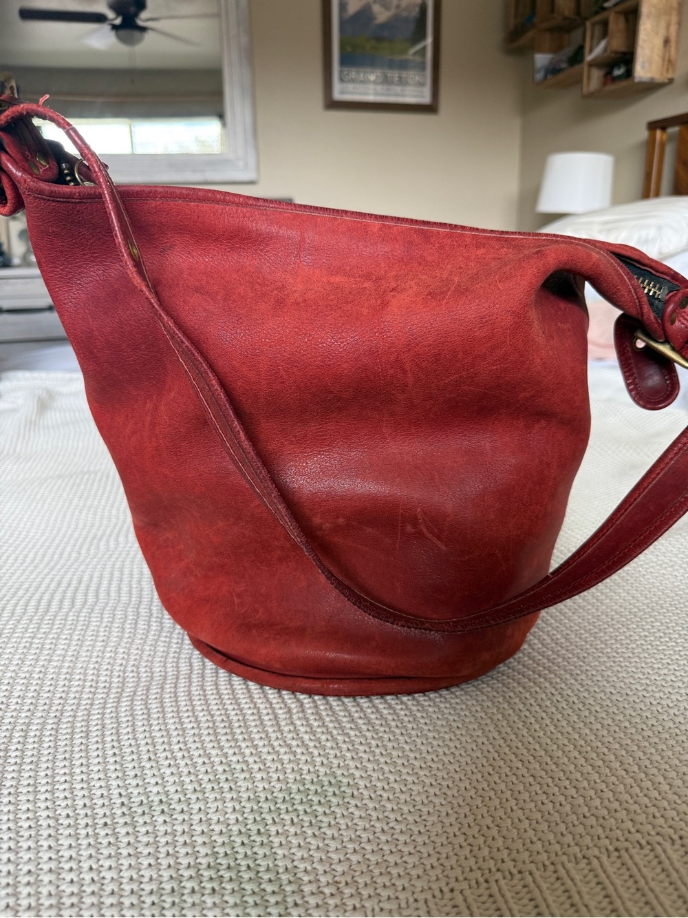 VINTAGE 1990s Coach Maggie Duffle Red Leather Bucket Shoulder Bag